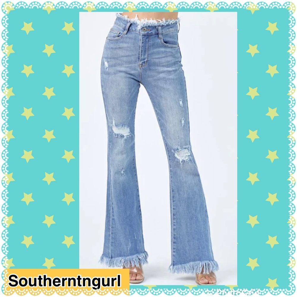 NWT RISEN Denim Distressed High Rise Flare Wide Leg Jeans